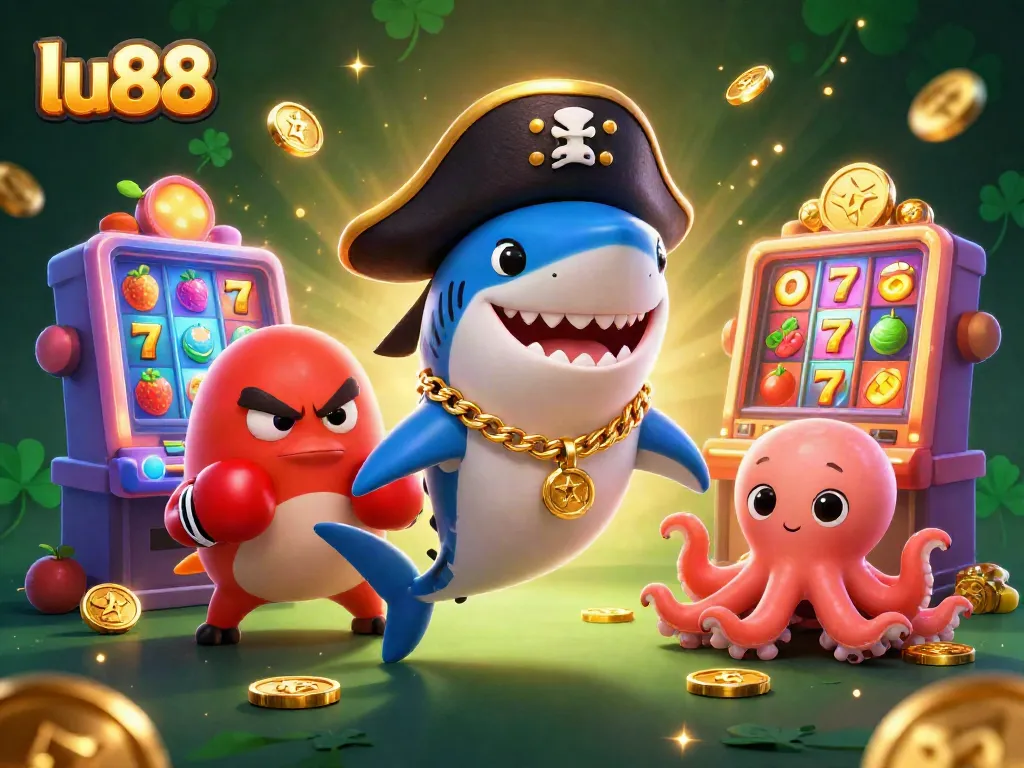 Play exciting games at lu88 with a vivid illustration featuring a pirate shark, pufferfish, and octopus amidst slot machines.