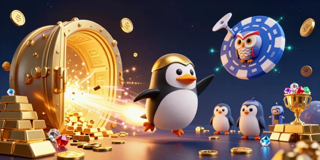 Experience the thrill of game bài đổi thưởng with a magical penguin flying past treasures in a vibrant casino.