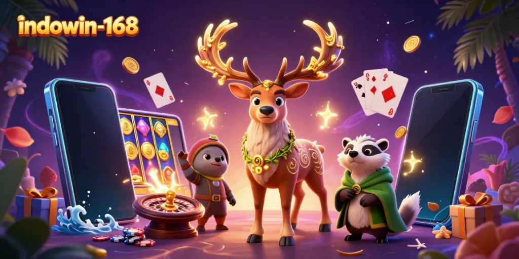 Menggambarkan pengalaman bermain indowin-168 dengan slot game berwarna dan karakter kartun 3D yang menarik.