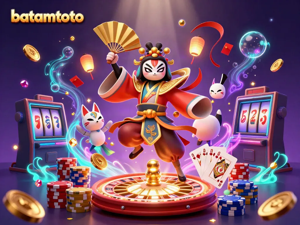 Experience batamtoto with vibrant casino elements and a dynamic kabuki warrior scene.