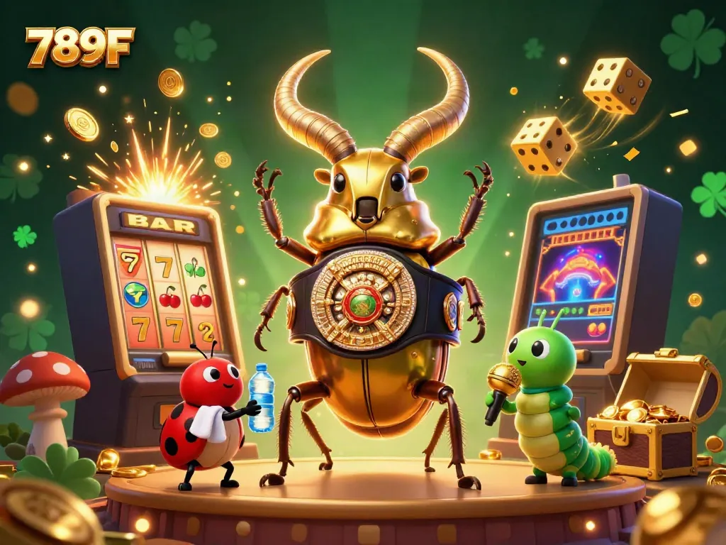 Experience excitement at 789F with a vibrant 3D casino scene featuring unique characters surrounded by jackpot elements.