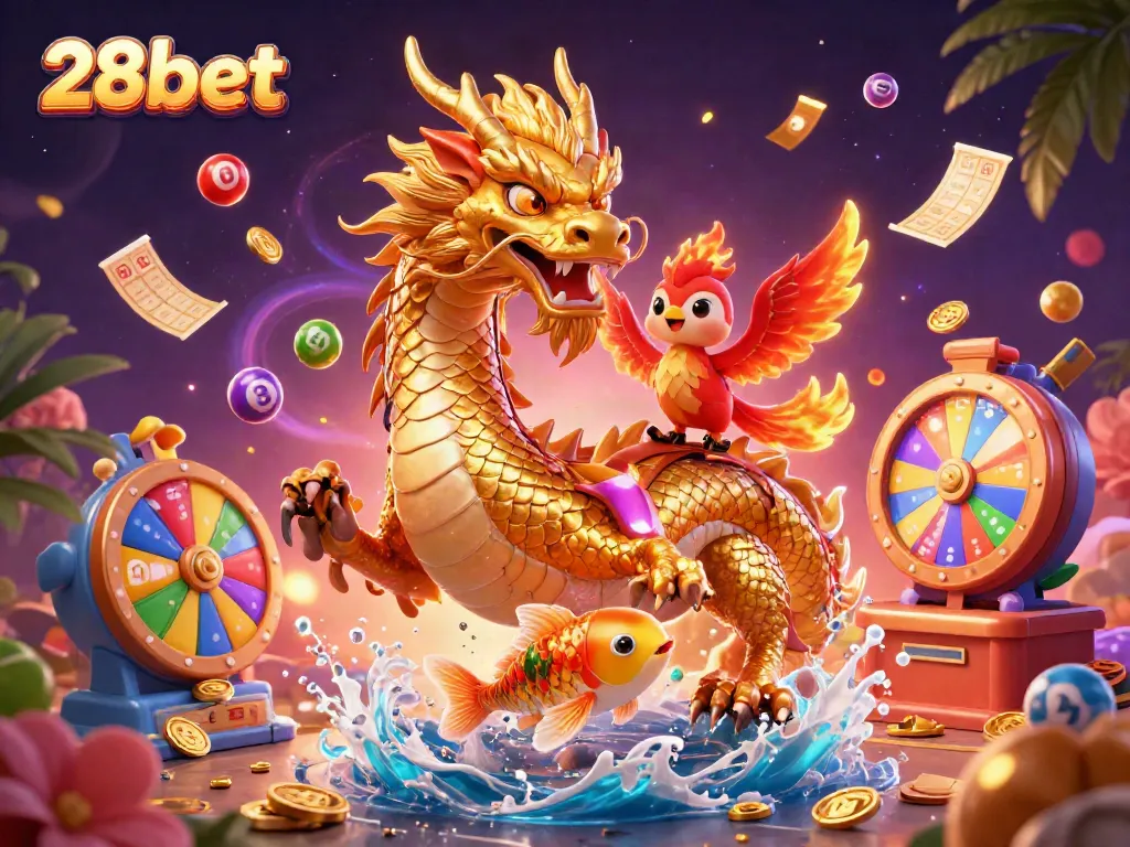 Experience thrilling games at 28bet with the fierce dragon and phoenix in a vibrant casino scene.