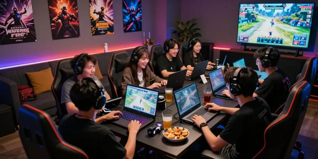 Active gaming community gathering around multi-platform gaming setups at warung168.