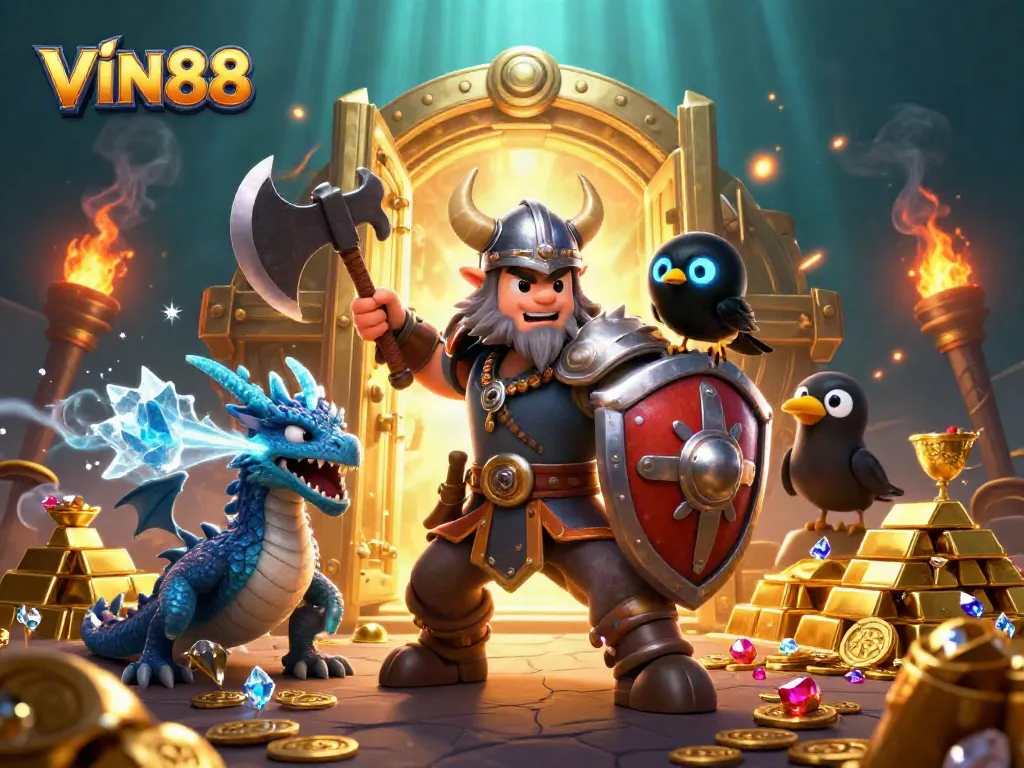 Experience the thrill of winning big at VIN88 with captivating casino creatures and treasure in a vibrant scene.