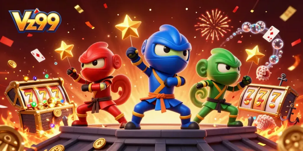 Experience winning at Vz99 with the animated ninja chameleon team showcasing thrilling gameplay in this vibrant casino art.