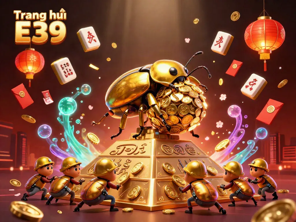 Experience fun at Trang chủ E39 with a dynamic illustration of golden beetles and casino symbols