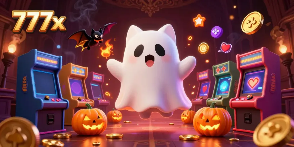 Experience the playful energy of 777x in a haunted casino scene with a ghost cat and vampire bat.