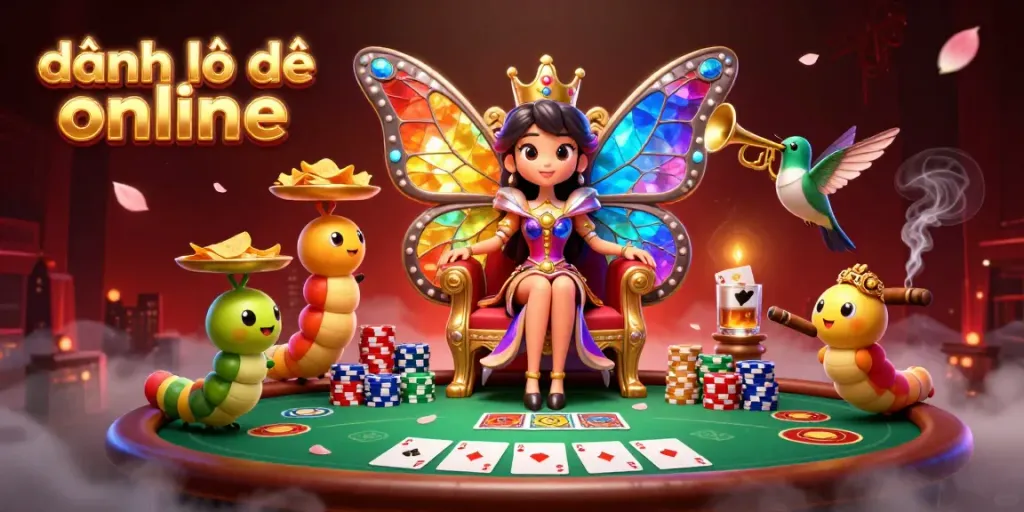 Engaging illustration of đánh lô đề online featuring a butterfly queen and vibrant casino elements.