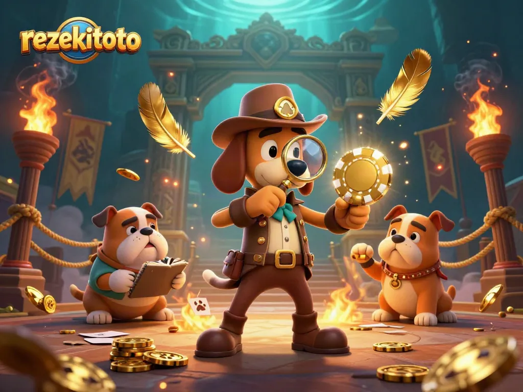 Experience thrilling gaming action with rezekitoto in this vibrant 3D scene featuring a detective and treasure clues.