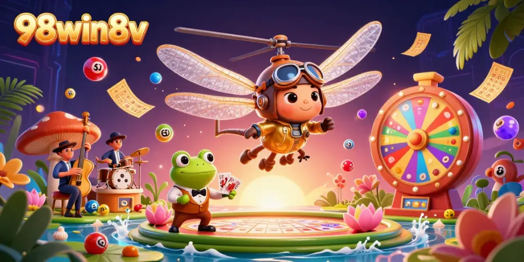 Experience the vibrant excitement of 98win8v with a dynamic casino scene featuring a dragonfly pilot and frog croupier.