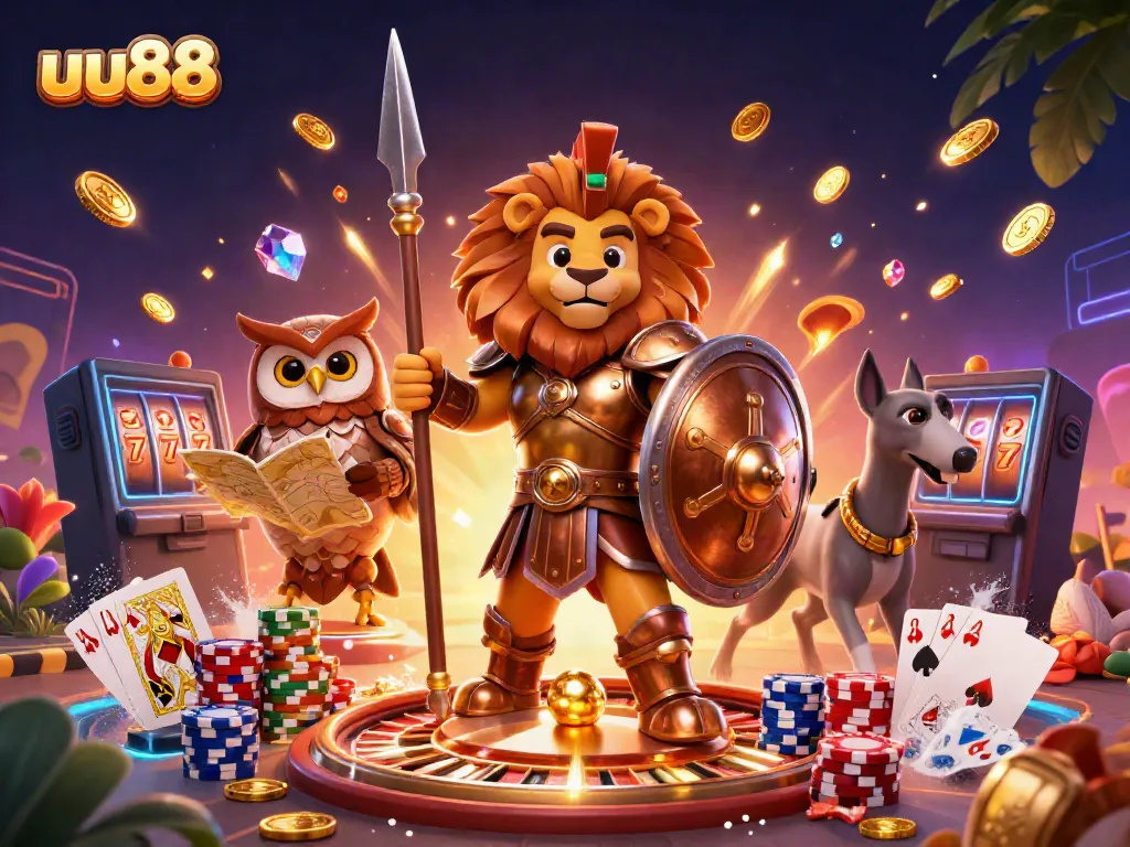 Win big at uu88 with a vibrant casino scene featuring characters among flying coins and slot machines.