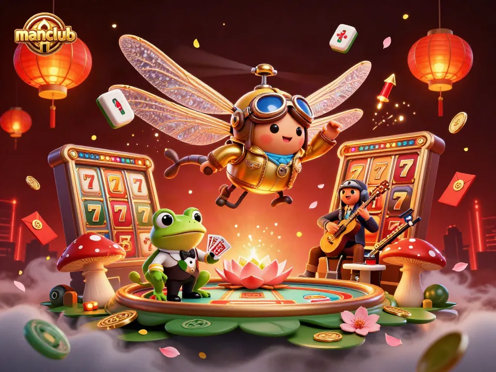 Experience thrilling games with manclub at a vibrant lily pad casino with interactive elements in a rich 3D scene.