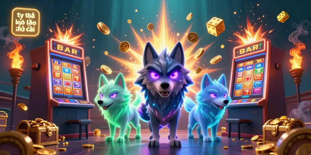 Engage with tỷ lệ kèo nhà cái's vibrant 3D scene featuring wolf characters and dynamic slot machines.