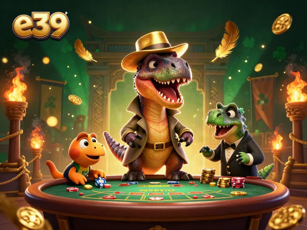 Experience e39's thrilling blackjack scene featuring a velociraptor card counter amidst vibrant casino chaos.