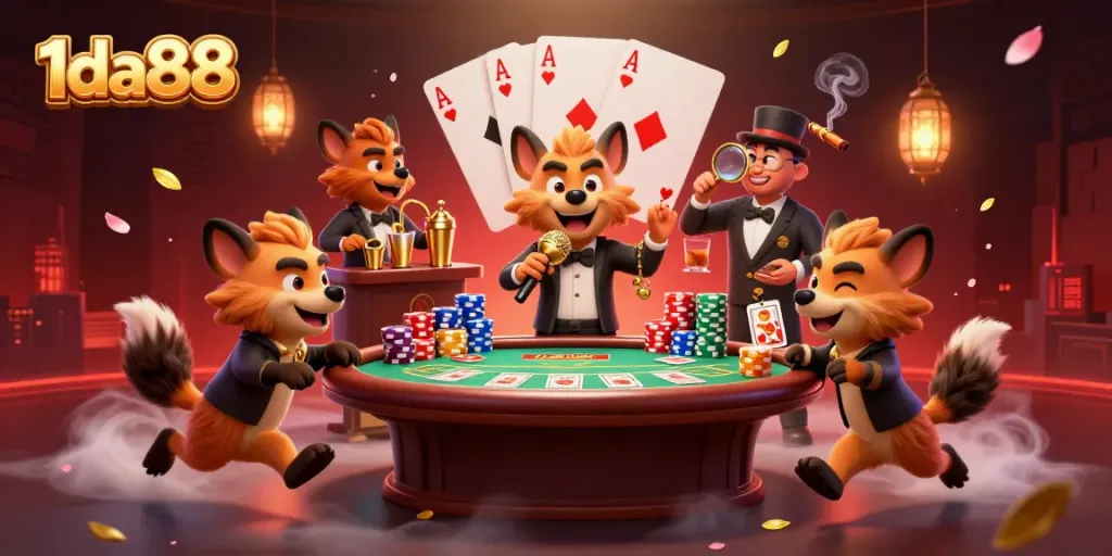 Engage with 1da88's vibrant casino scene featuring comedians, bartenders, and bouncers in a lively atmosphere.