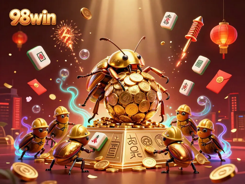 Experience thrilling gameplay with 98win's vibrant casino-style illustration featuring golden beetles and rich glory.