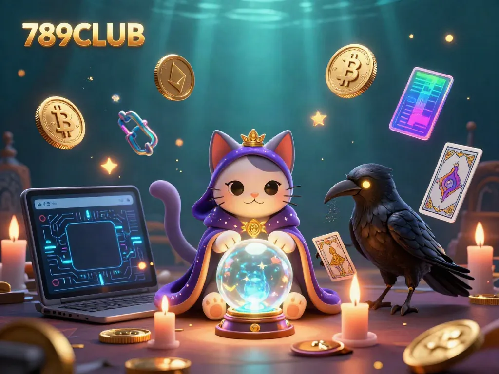 Engage with 789CLUB's immersive gaming world featuring a mystical cat, tarot raven, and crypto treasures.