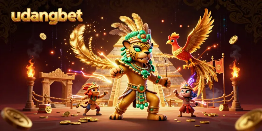 Win big with udangbet in a vibrant Mayan-themed casino scene filled with animated characters.