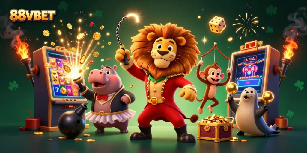 Experience thrilling gameplay with 88VBET's rich casino atmosphere, featuring vibrant characters and games.