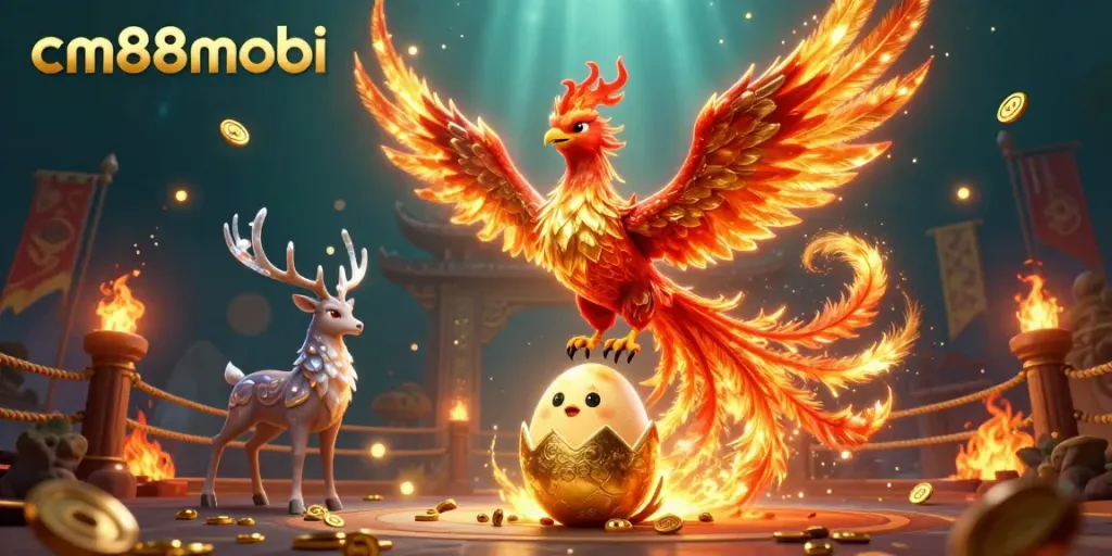 Experience the thrilling atmosphere of cm88mobi with a vibrant phoenix, golden egg, and mystical stag in an enchanting casino scene.