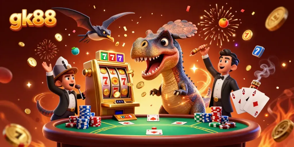 Experience gk88 excitement with a 3D dinosaur headbutting a slot machine for coins in a vibrant casino scene.