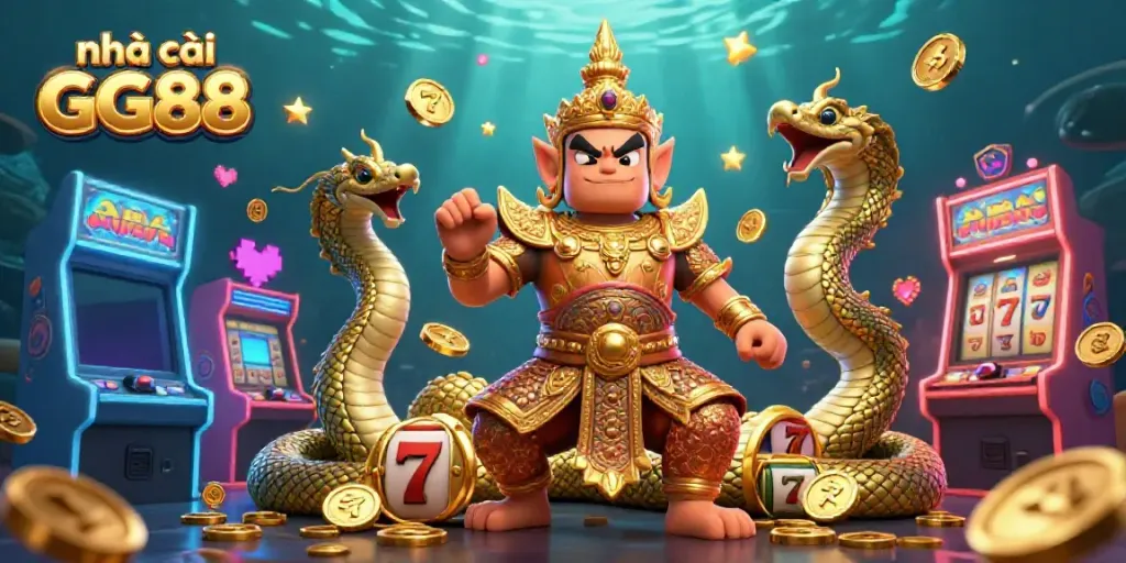 Engage with nhà cái GG88's vibrant casino atmosphere featuring golden temple guardians, slot games, and coins.