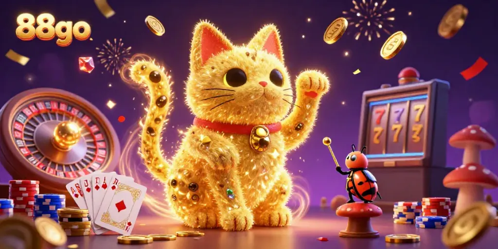 Experience the magic of 88go with a lively scene featuring a golden lucky cat and casino symbols.