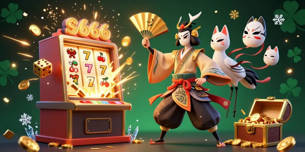 Experience thrilling s666 gameplay with an energetic celebration of casino elements featuring vibrant characters and jackpot excitement.