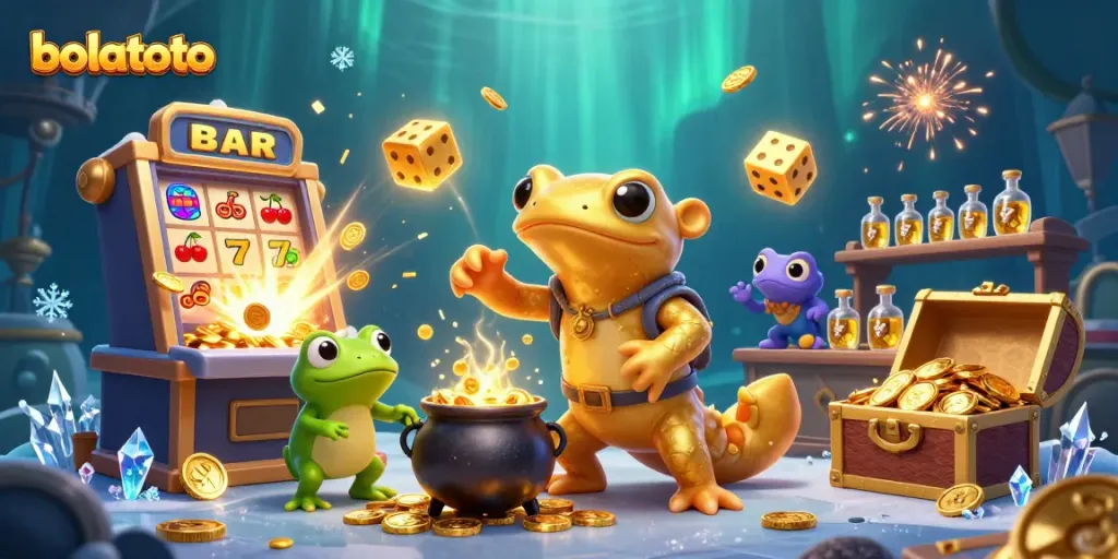 Spin the reels with bolatoto in this vibrant 3D casino scene featuring gold and jackpot excitement.