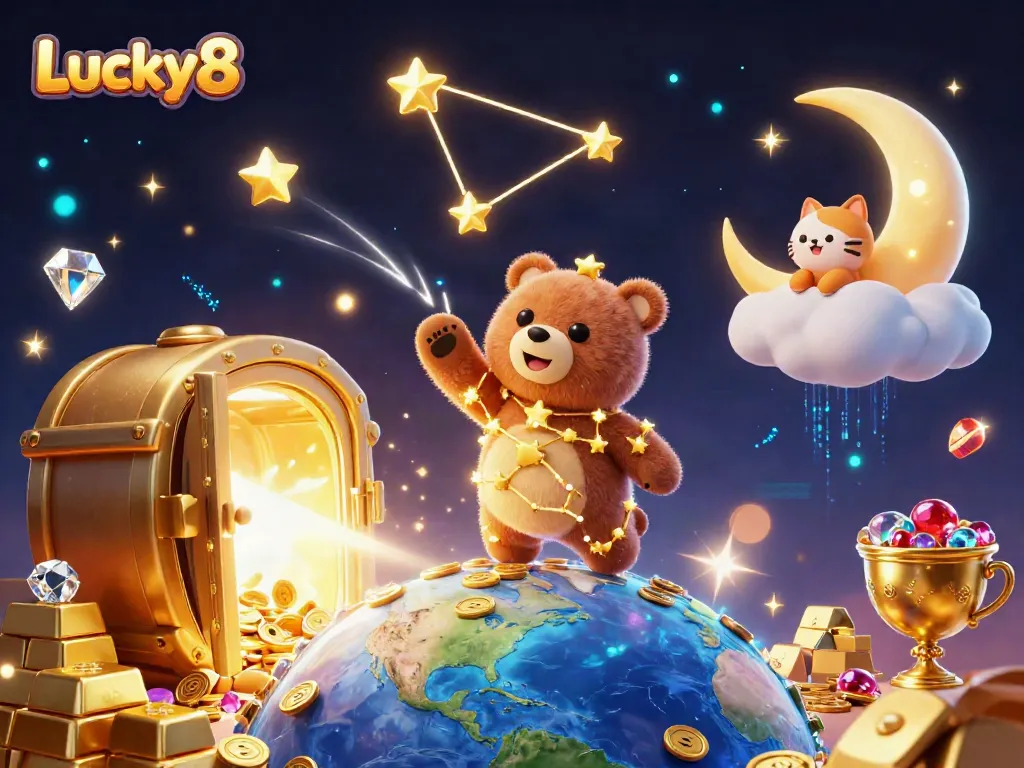 Join the adventure with Lucky8, as the constellation bear scoops up coins in a magical casino world.
