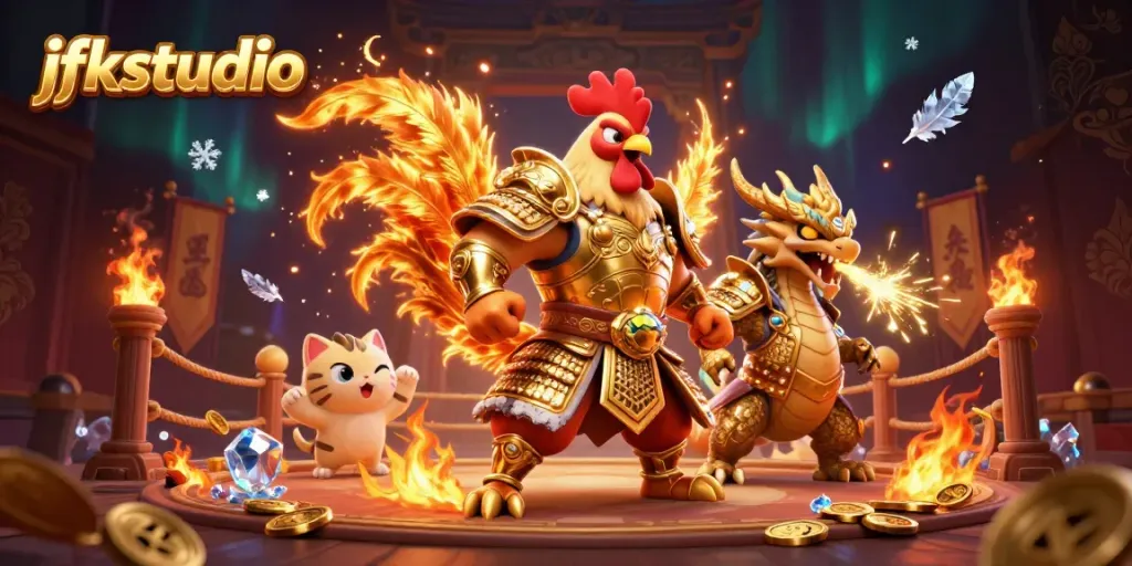 Experience thrilling jackpots at jfkstudio with a cartoon fighting rooster and dragon in a dynamic casino scene.