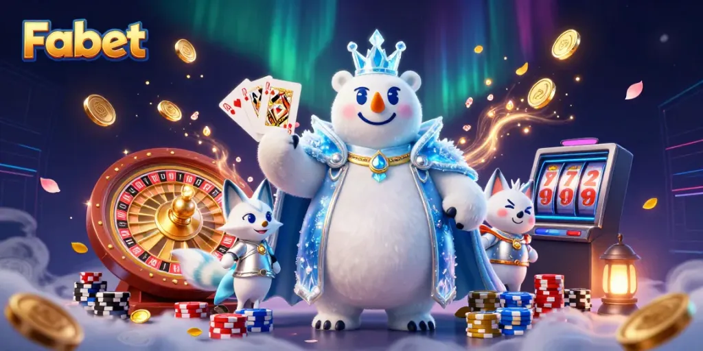 Experience the thrill of Fabet's online gaming with a dynamic scene of a polar bear and fox amidst vibrant casino elements.
