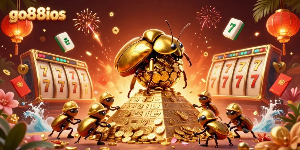 Experience the thrilling action of go88ios with a vibrant illustration of golden dung beetles and casino symbols.