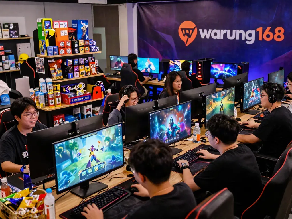 Gamers engaging with warung168 platform in a lively digital marketplace.