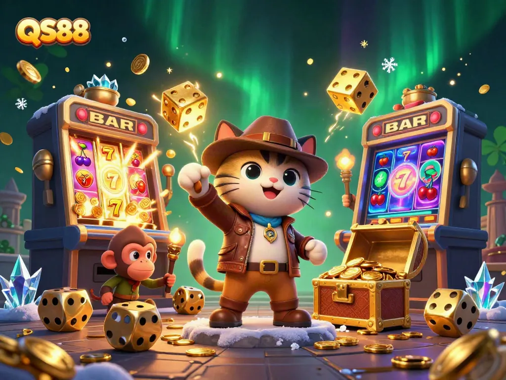 Experience thrills at QS88 with a treasure hunt featuring vibrant casino artifacts and dynamic gaming elements.