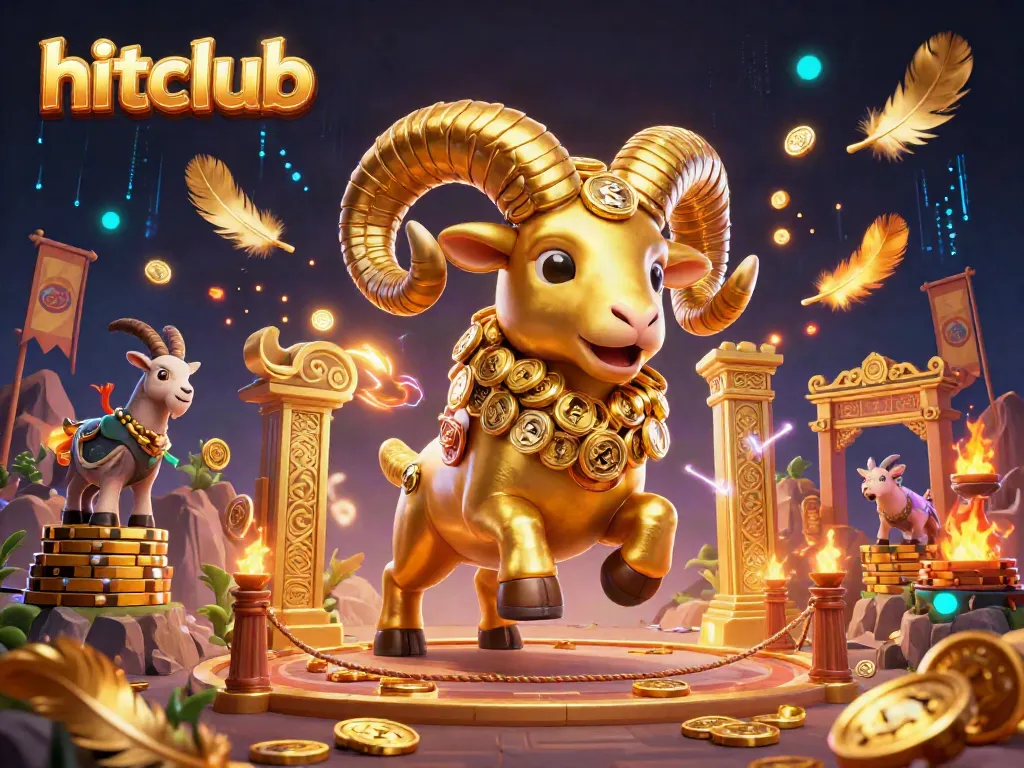 Experience thrilling gameplay at hitclub with a dynamic 3D scene of a golden ram charging through a casino gate.