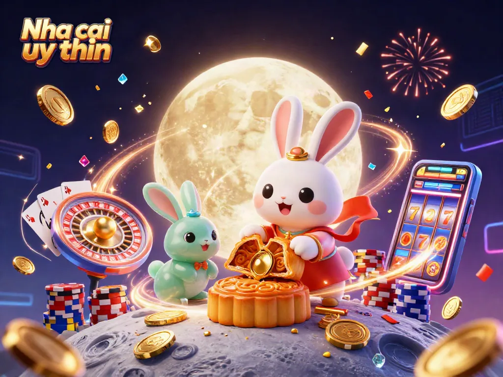 Nha cai uy tin showcases a moon rabbit revealing poker chips while golden coins cascade, illustrating vibrant gambling excitement.