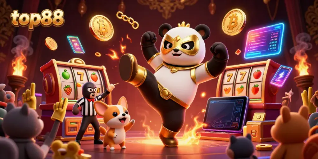 Experience top88 with a lively scene of animated animal characters enjoying slots excitement and blockchain elements.
