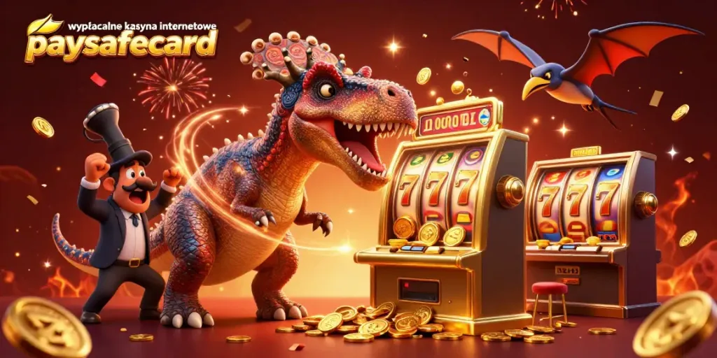 Engaging 3D scene of wypłacalne kasyna internetowe paysafecard featuring a dinosaur and slot machine amidst flying coins and festive decorations.