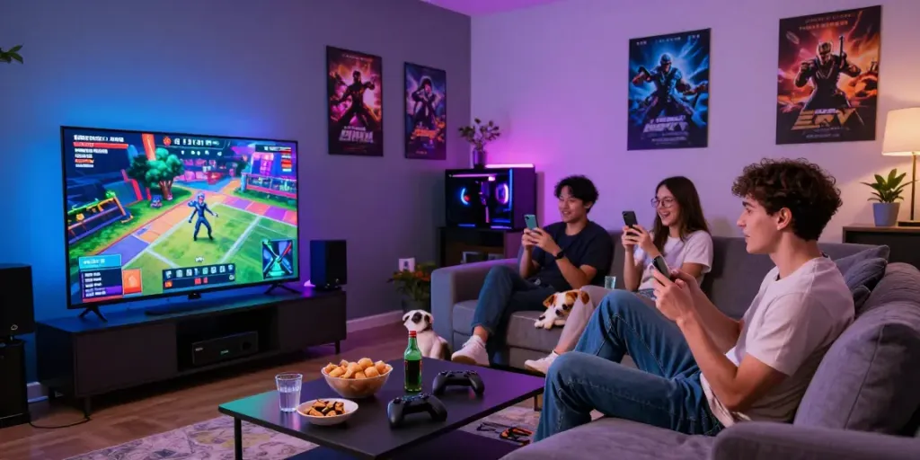 Engaging digital entertainment scene featuring harta88 live-streaming on a smart TV, showcasing a vibrant environment.