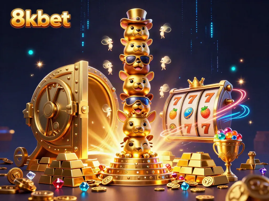 Experience the excitement of 8kbet with vibrant casino elements and a golden totem pole illustration.