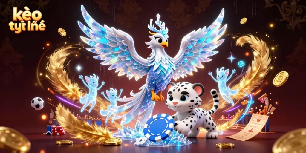 Experience thrilling kèo trực tuyến action with a vibrant ice phoenix and playful characters in a dynamic betting scene.
