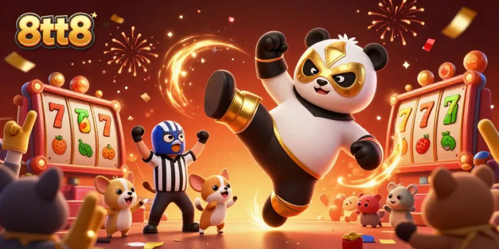 8tt8 themed illustration of an animated panda wrestler flying kick amidst vibrant casino elements.