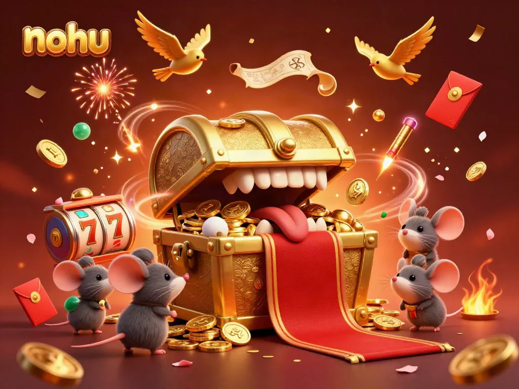 Engage in epic nohu gaming adventures with thrilling slot reels and a treasure chest.