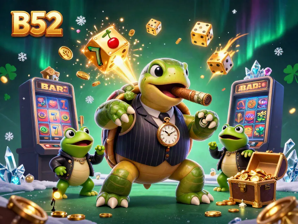 B52-themed illustration showcasing a cartoon snapping turtle mobster and bullfrog enforcers celebrating a casino jackpot.