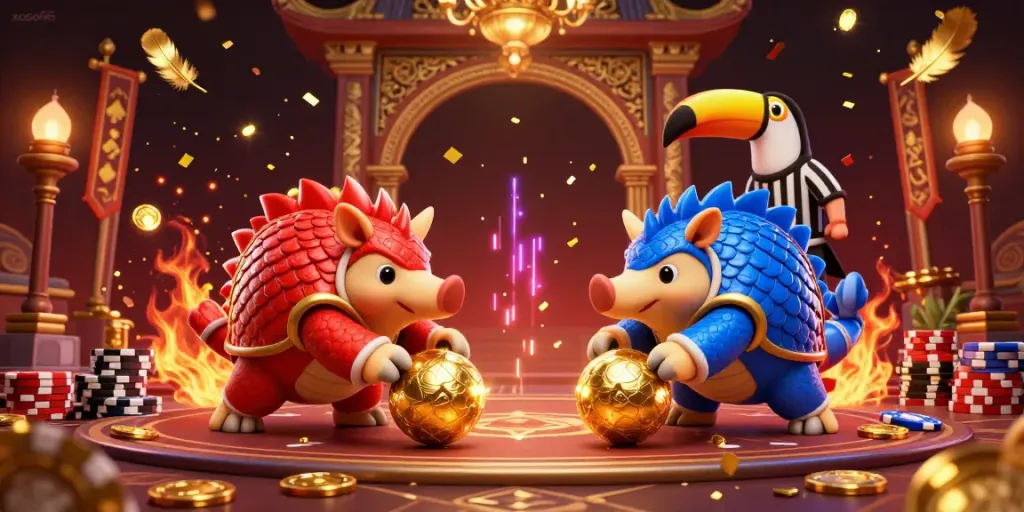 Battle between rival pangolins in armor at xoso66 casino with poker chips and golden effects.