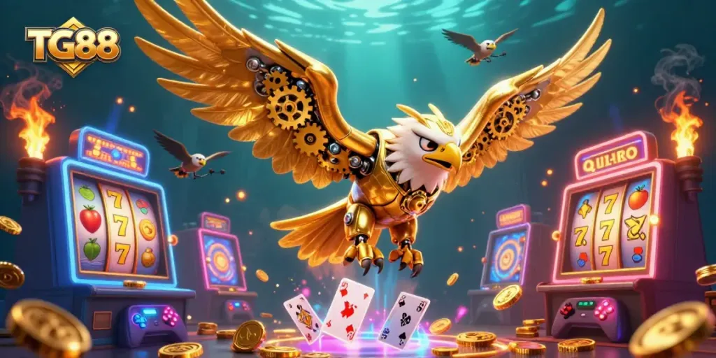 Engage with TG88's vibrant casino scene, featuring a golden eagle amidst holographic cards and jackpot slots.