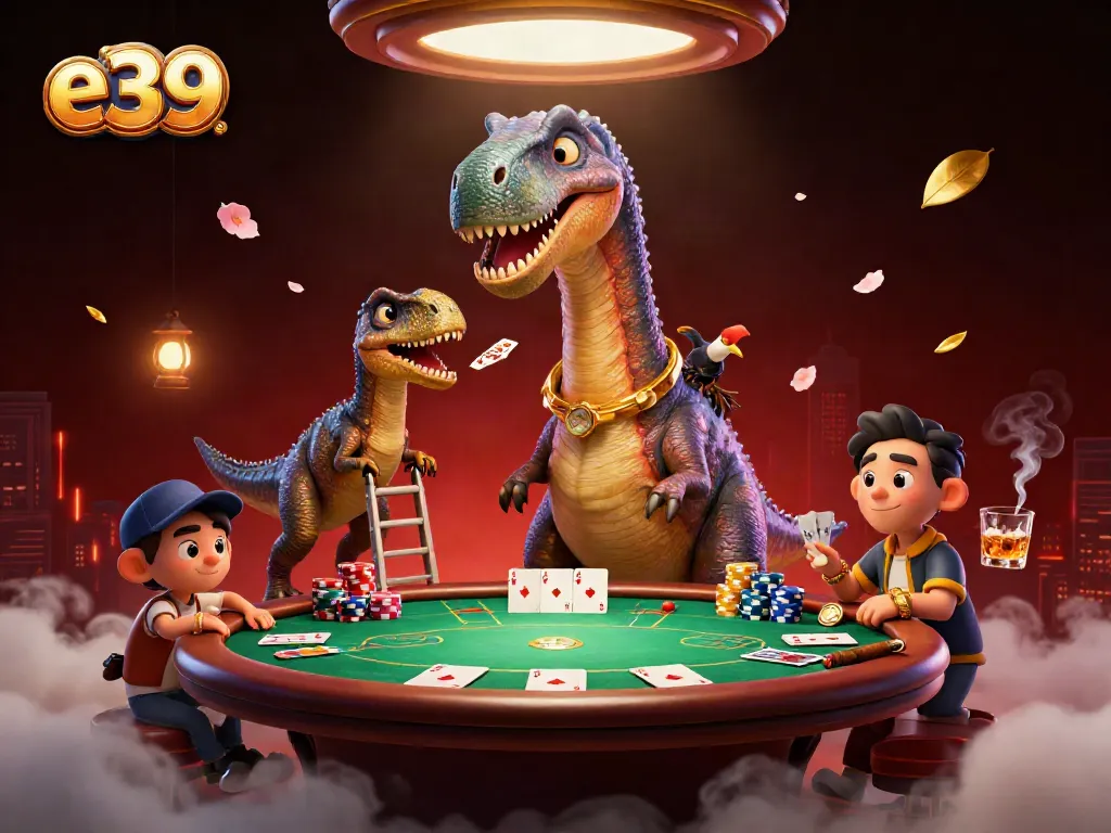 Engage in poker excitement at e39 with a towering brontosaurus and a raptor dealer.