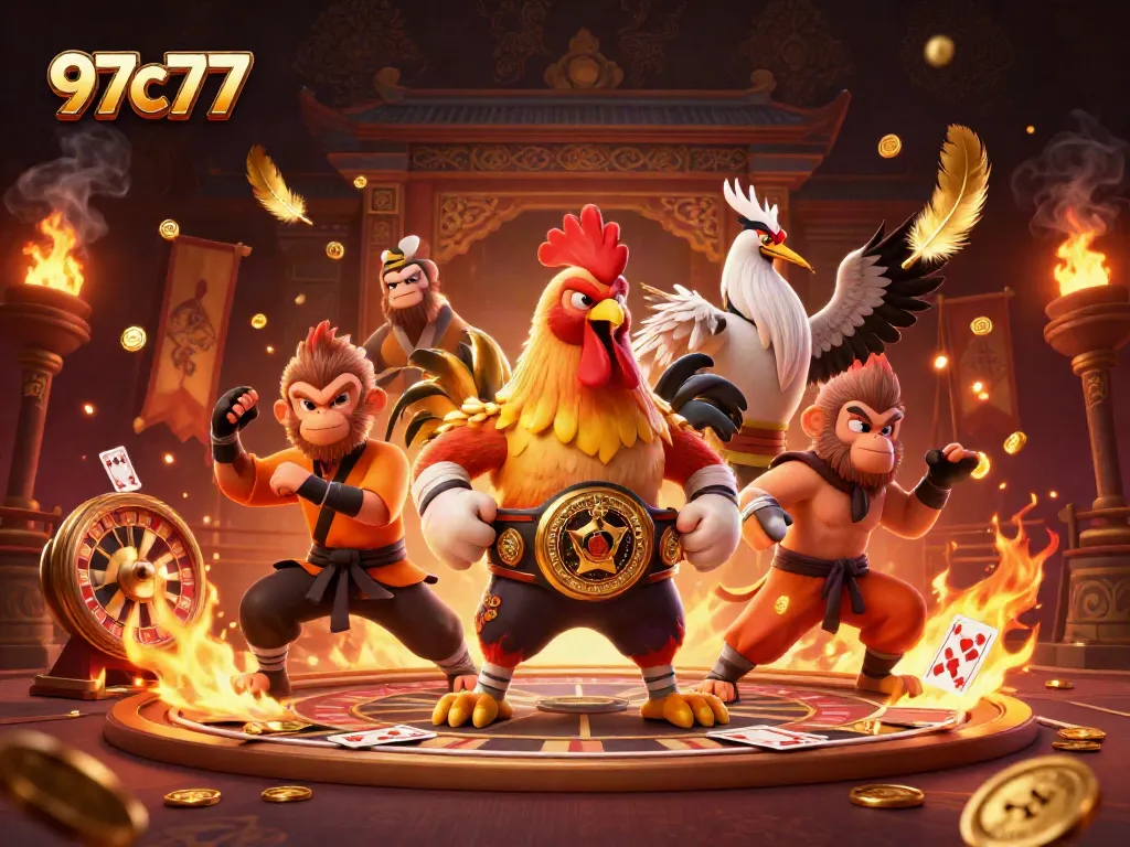 Engage in thrilling casino action with 97c77's dynamic characters amidst gaming excitement.