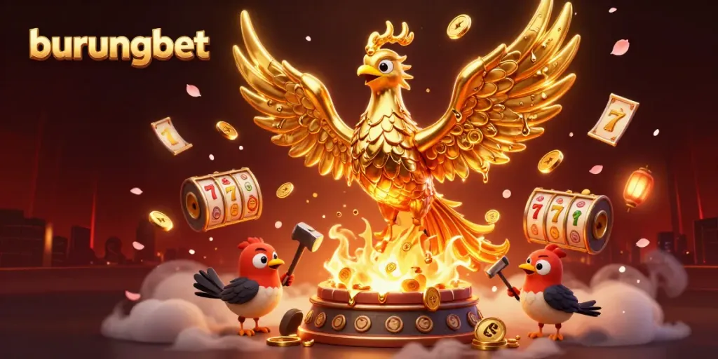 BURUNGBET menampilkan phoenix emas 3D berkilau di antara permainan slot dan jackpot yang memikat.